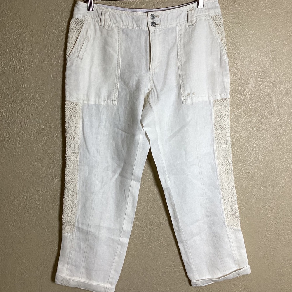 Hei Hei Anthropologie Ivory 100% Linen Lace Trim Cropped Pants Size 28